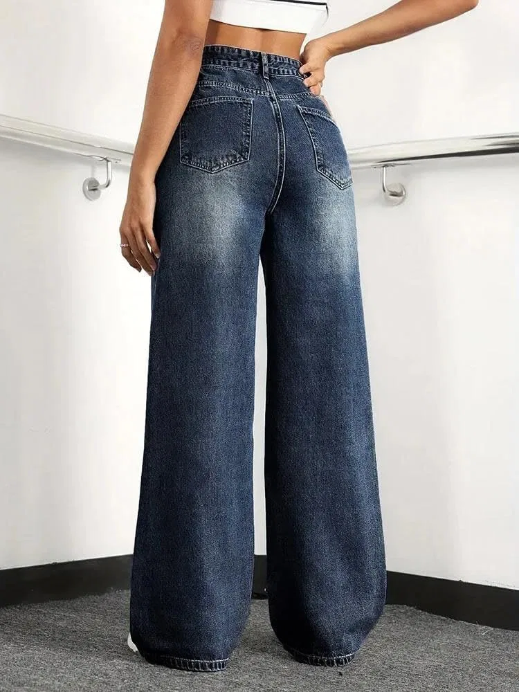 Джинсы, синие с серым, Women’s Vintage High-Waist Stretchy Wide-Leg Jeans Denim Pants Straight Leg Casual Trousers Trendy Everyday Wear — фото 4