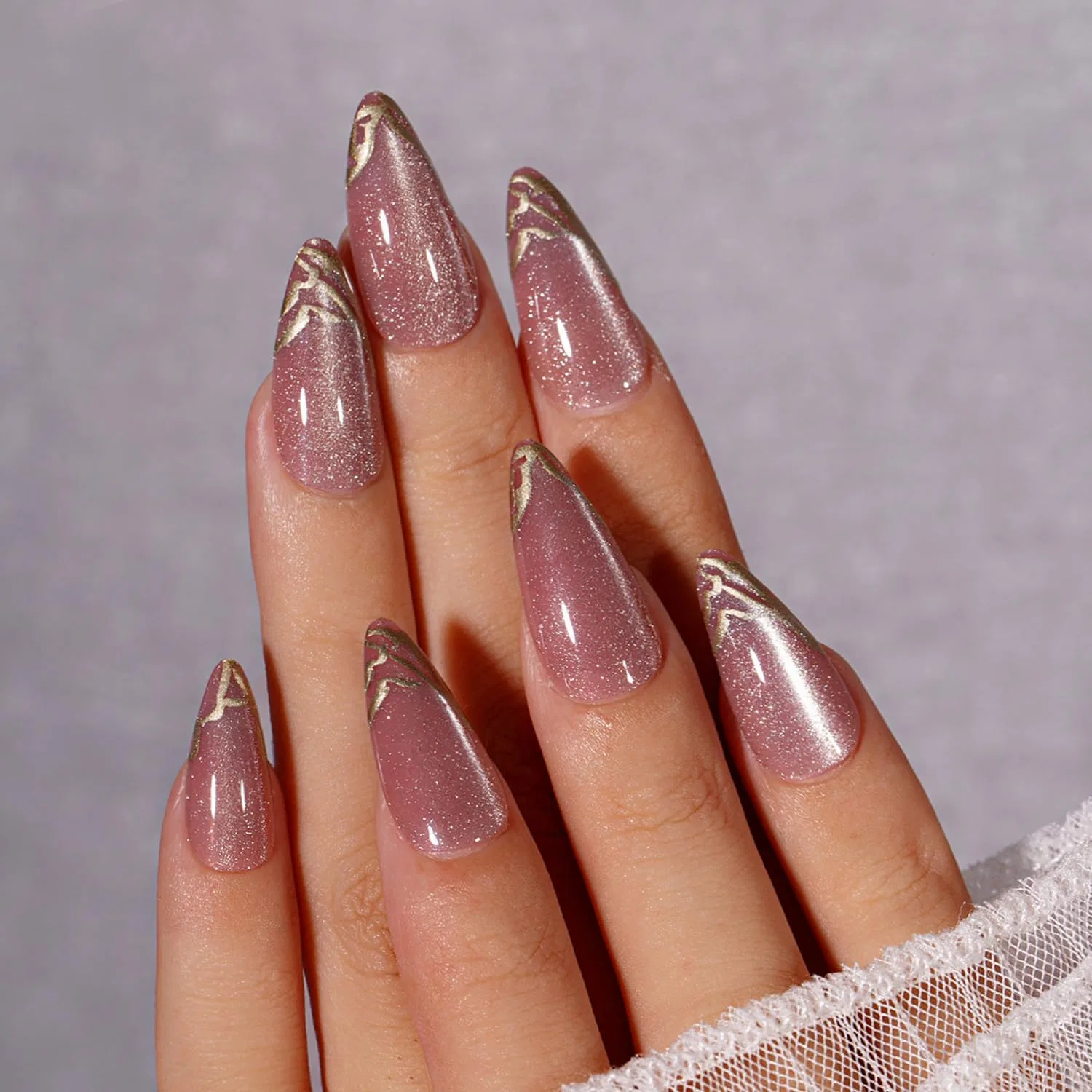 Накладные ногти KQueenest Cat Eye с клеем, 30 шт. Kqueenest, Pink Gold Swirls — фото 3