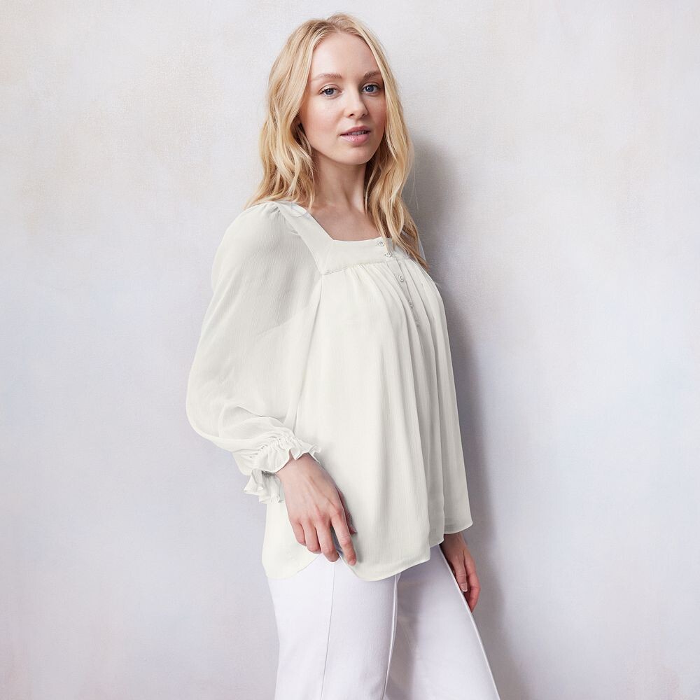 

Женский топ-крестьянка LC Lauren Conrad Henley с пышными рукавами, цвет Ivory Tusk