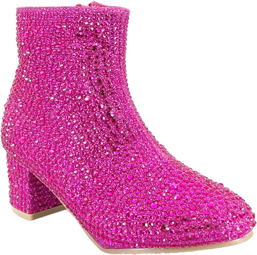 

Ботильоны ABSOLEX для девочек с круглым носком, декоративными стразами, массивным низким каблуком и укороченной голенью, Fuchsia