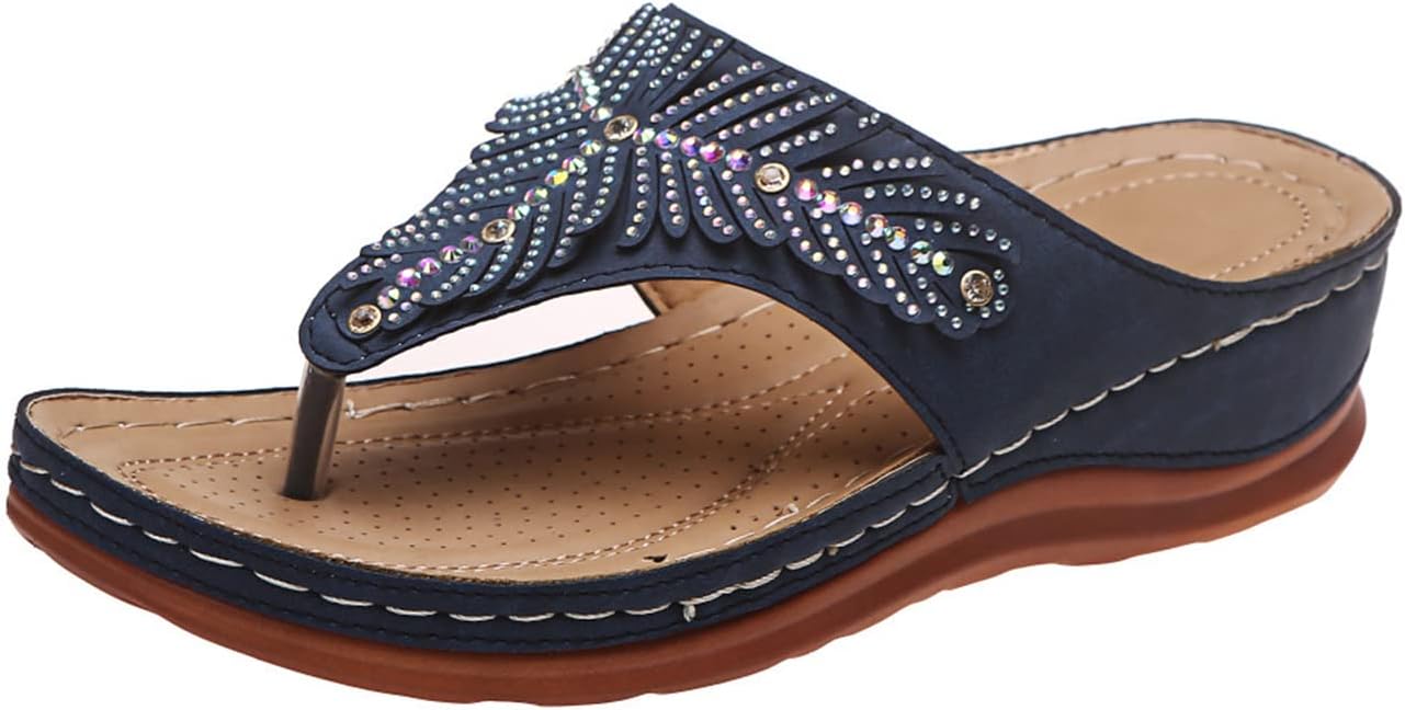 

Ортопедические сандалии с поддержкой свода стопы, женские шлепанцы, элегантные сандалии на танкетке с стразами, удобные платформенные прогулочные сандалии, летние повседневные шлепанцы Generic, темно-синий