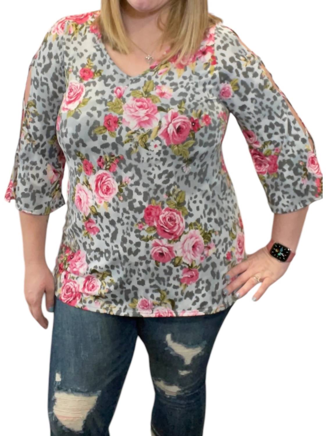 

Верх-туника с вырезом на плече в сером цветочном узоре honeyme, цвет grey floral