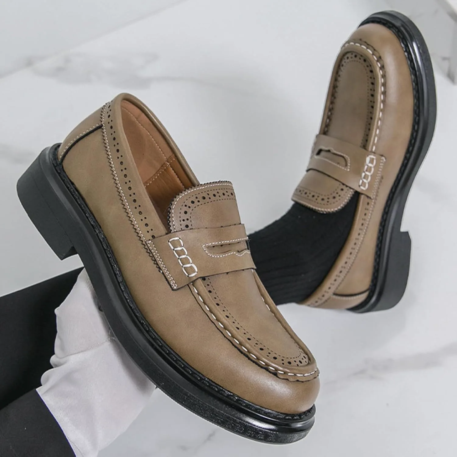 Мужские лоферы с квадратным носком Fashion из натуральной кожи, платформенные броги, деловые туфли типа пэнни, удобные, с нескользящей подошвой, низким каблуком, офисные и повседневные лодочные туфли OXNGDMDM, черный — фото 4