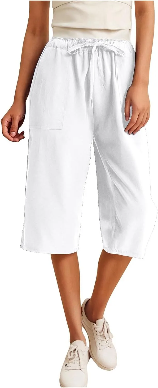 

Женские льняные капри с удобной завязкой на поясе и карманами