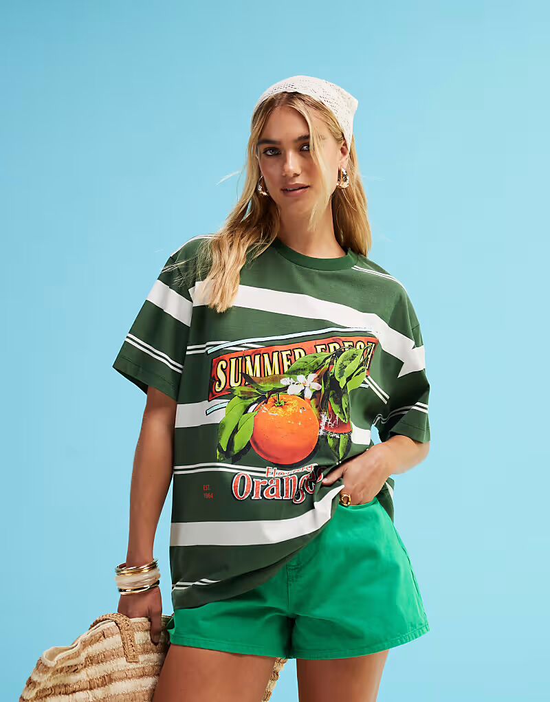 

Футболка свободного кроя ASOS DESIGN с изображением апельсина в зеленую полоску