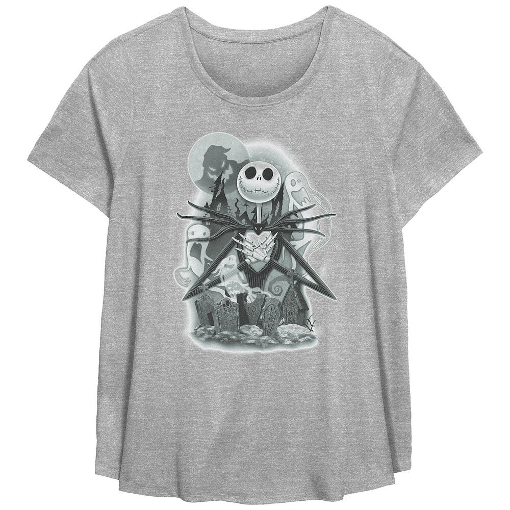 

Футболка с струящимся рисунком размера «Кошмар перед Рождеством» Disney's Jack Skellington Cemetery Plus Size, цвет Heather Gray