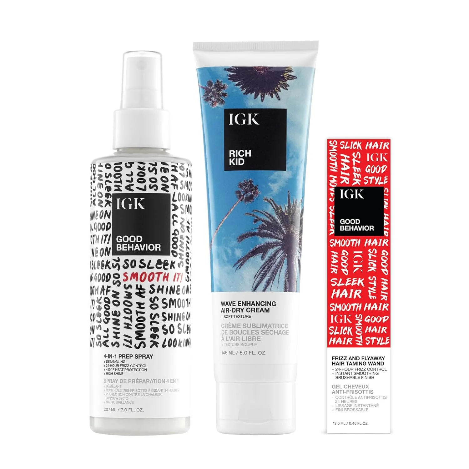 IGK Good Behavior 4-в-1 Prep + Rich Kid Coconut Oil Gel + Good Behavior Taming Wand - Трио для подготовки волос, укладки и контроля над пушистостью - Веганский продукт, не тестируется на животных