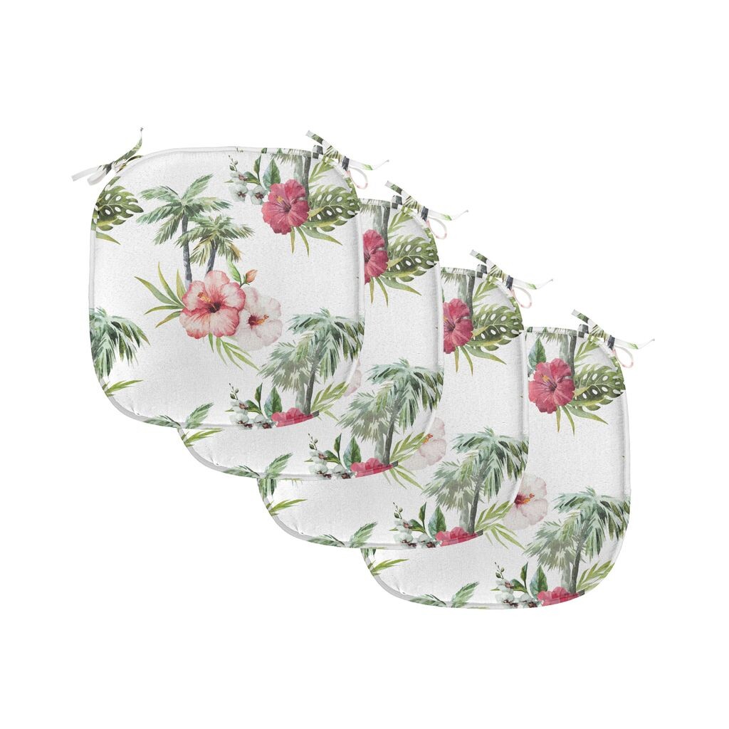 

Подушки на обеденный стул ABAKUHAUS Hawaii, Palm Hibiscus, декоративная водонепроницаемая подушка с ремнями для кухонных сидений, 40 x 40 см — упаковка из 4 шт., Reseda Green Pale Pink, белый