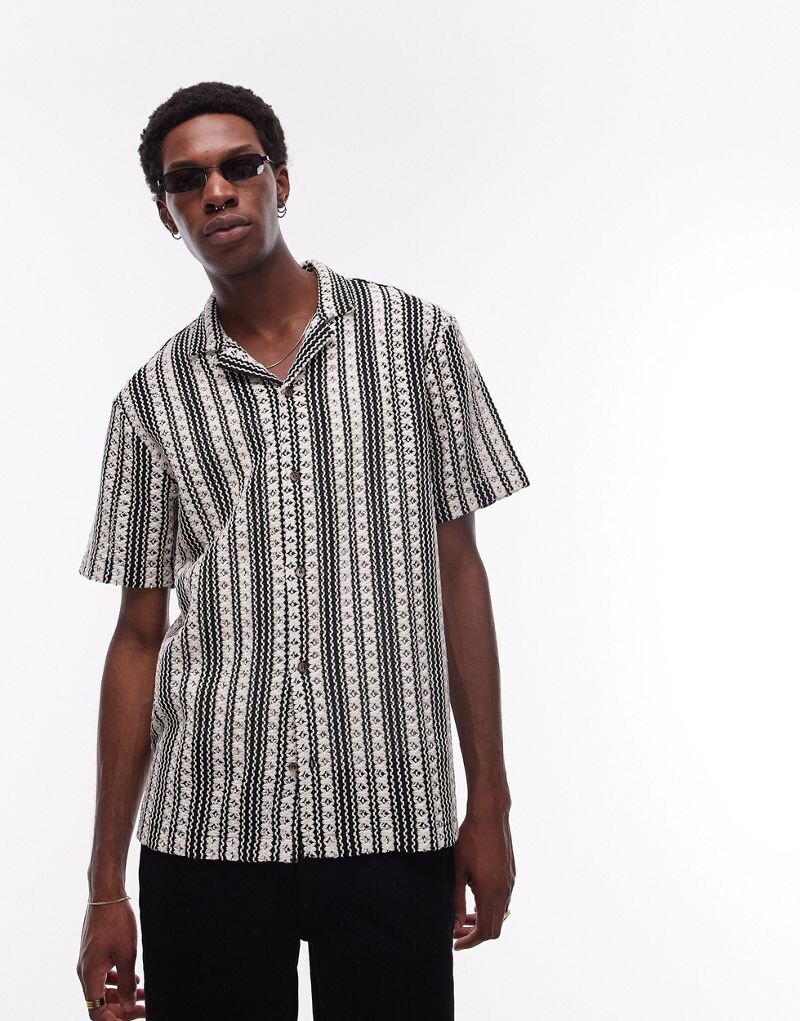 

Вязаная крючком рубашка свободного кроя с короткими рукавами Topman в черно-белую полоску