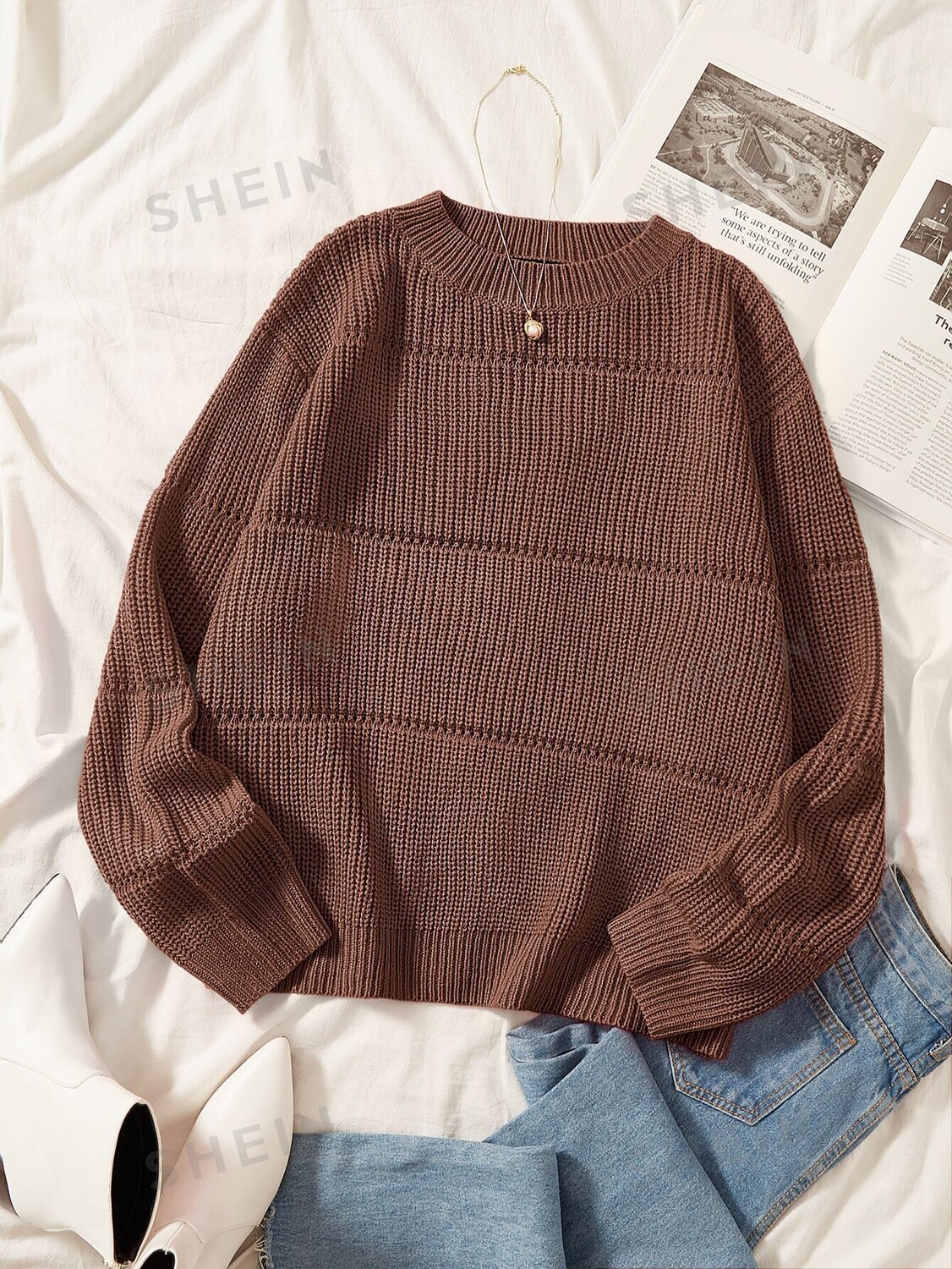 

EZwear Plus Однотонный весенний свитер в рубчик Shein, кофейно-коричневый