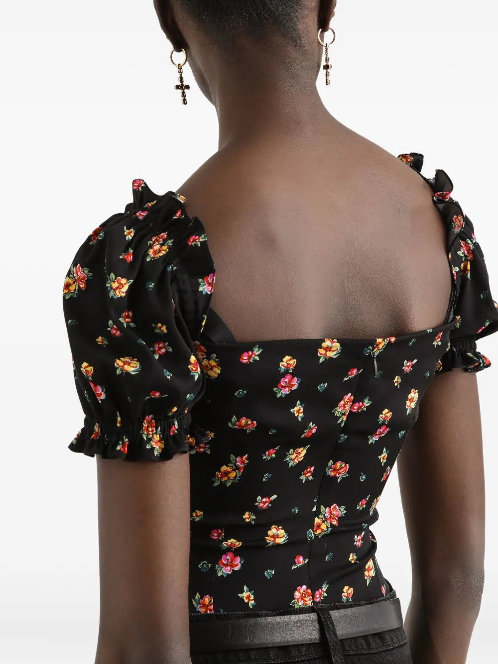Блузка с объемными рукавами и цветочным принтом Dolce & Gabbana, черный — фото 4