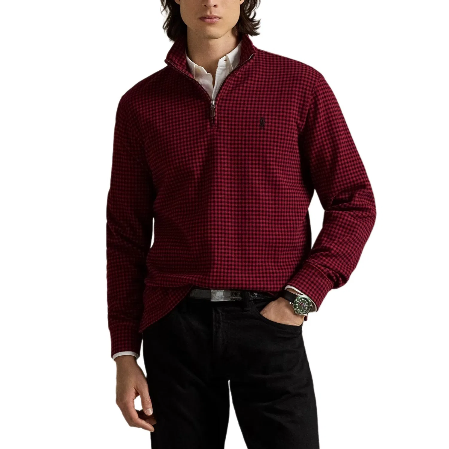 Свитер полузастежка-молния в клетку гингем Polo Ralph Lauren, Holiday Plaid Red — фото 4