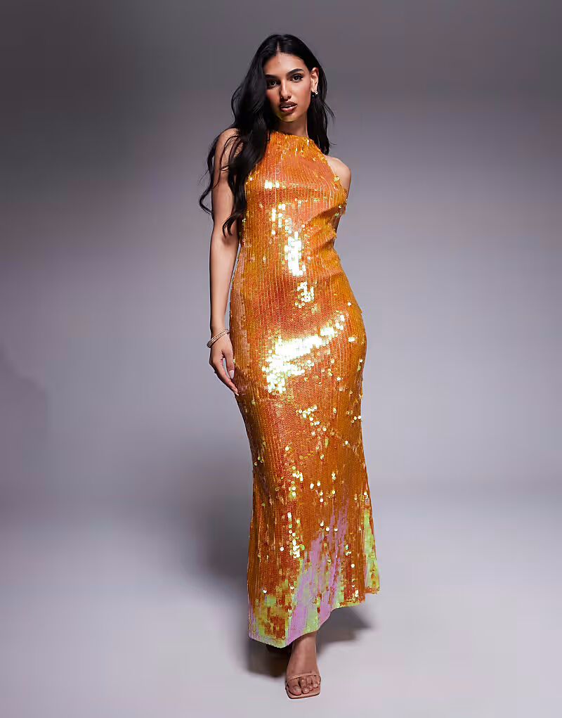 

Платье макси ASOS DESIGN с высоким воротом, переливающимися пайетками и открытой спиной бронзового цвета