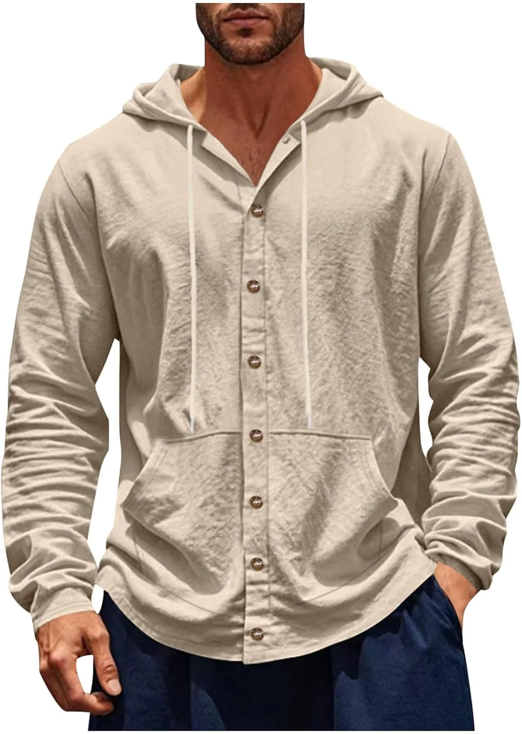 

Хлопковая льняная рубашка с капюшоном для мужчин, летняя, легкая, с длинными рукавами и карманами
