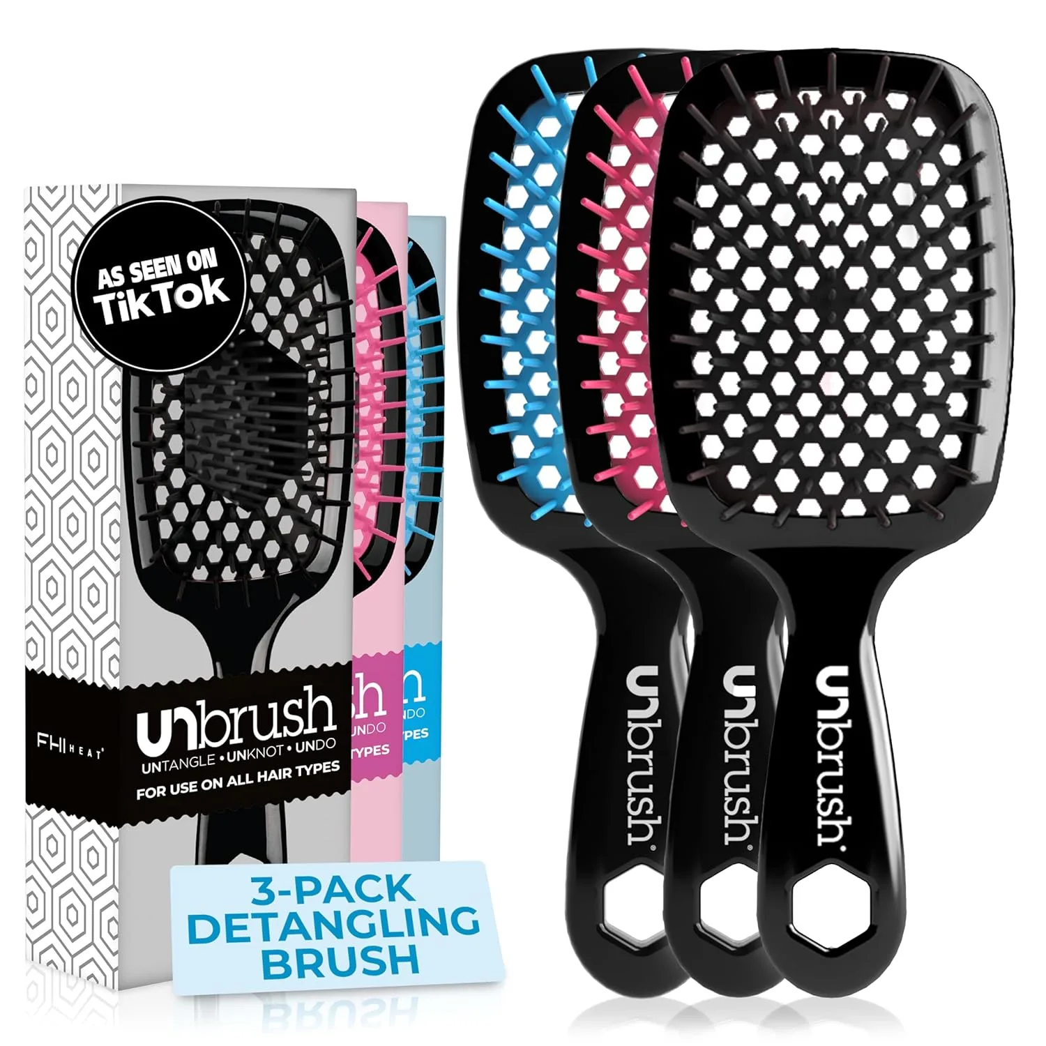 FHI Heat UNbrush расческа для распутывания волос (набор 3 шт) - для всех типов влажных и сухих волос - безболезненная щетка с антистатическими щетинками DuoFlex - легкая дорожная расческа (Original Black), Black,Blue