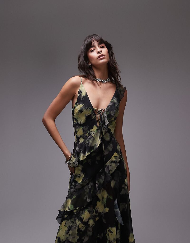 

Topshop – платье макси с рюшами и бретелями в желто-зеленом цветочном узоре