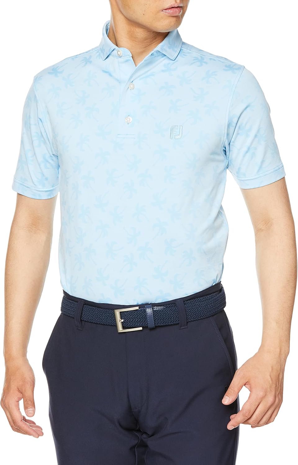 

Мужская рубашка для гольфа FootJoy, современная классическая рубашка с коротким рукавом и жаккардовым рисунком «Пальма», белый/темно-синий