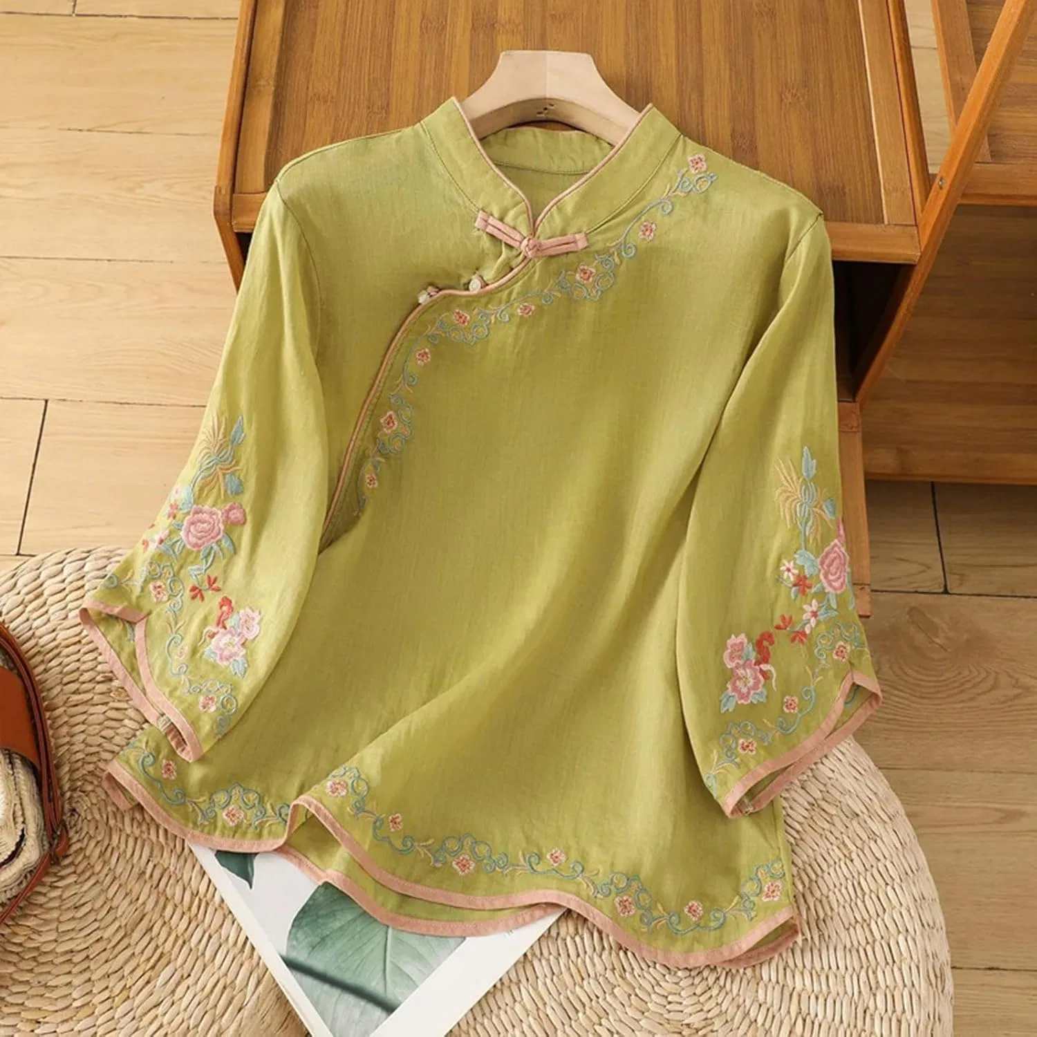 Блуза из хлопка и льна, Button-Down Shirt, зеленый — фото 3
