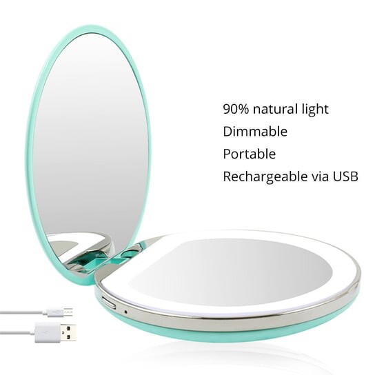 Макияж, Зеркало карманное с регулируемой светодиодной подсветкой (USB), бирюзовый, AILORIA, синий — фото 4