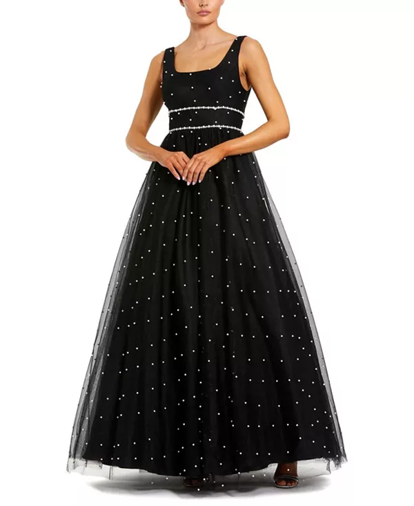

Бальное платье без рукавов из тюля, украшенное жемчугом. Mac Duggal, черный