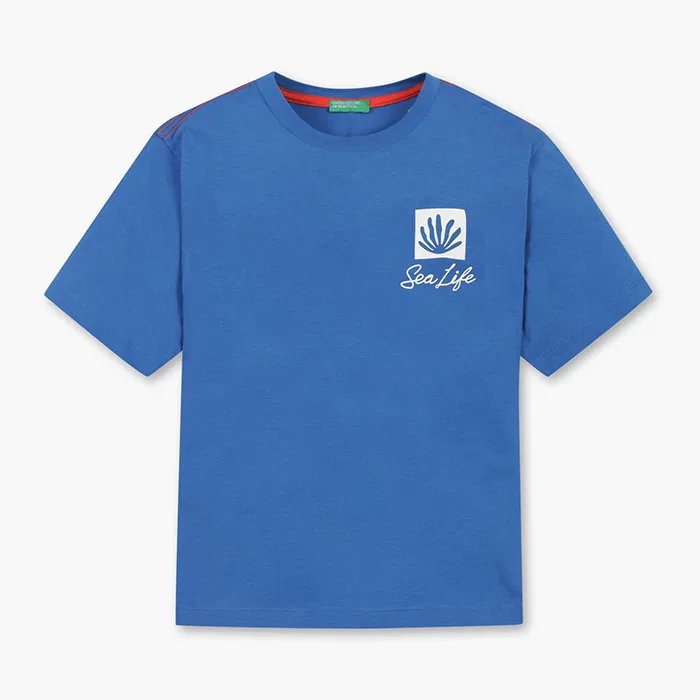 Детская синяя футболка с летним графическим принтом от Benetton Kids