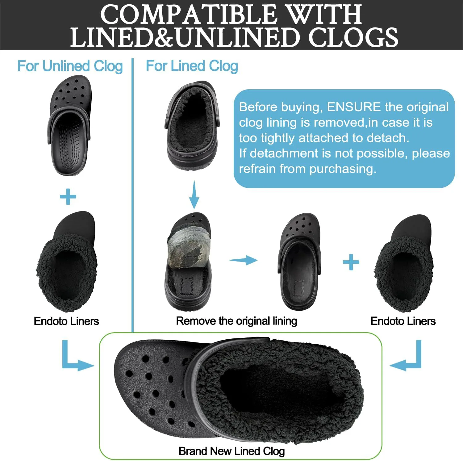 Вкладыши Endoto Fuzzy Liner для сабо Crocs, сменные теплые пушистые носки-утеплители для Croc (черный) — фото 3