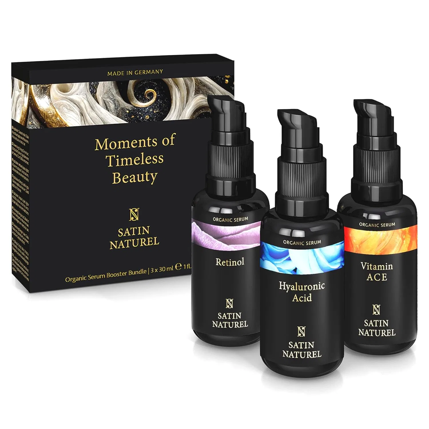 Набор сывороток для лица «Premium Gifts» от Satin Naturel Satin Naturel, 3 X 30 Ml Premium Serum Set With Retinol, Hyaluronic And Vitamin C