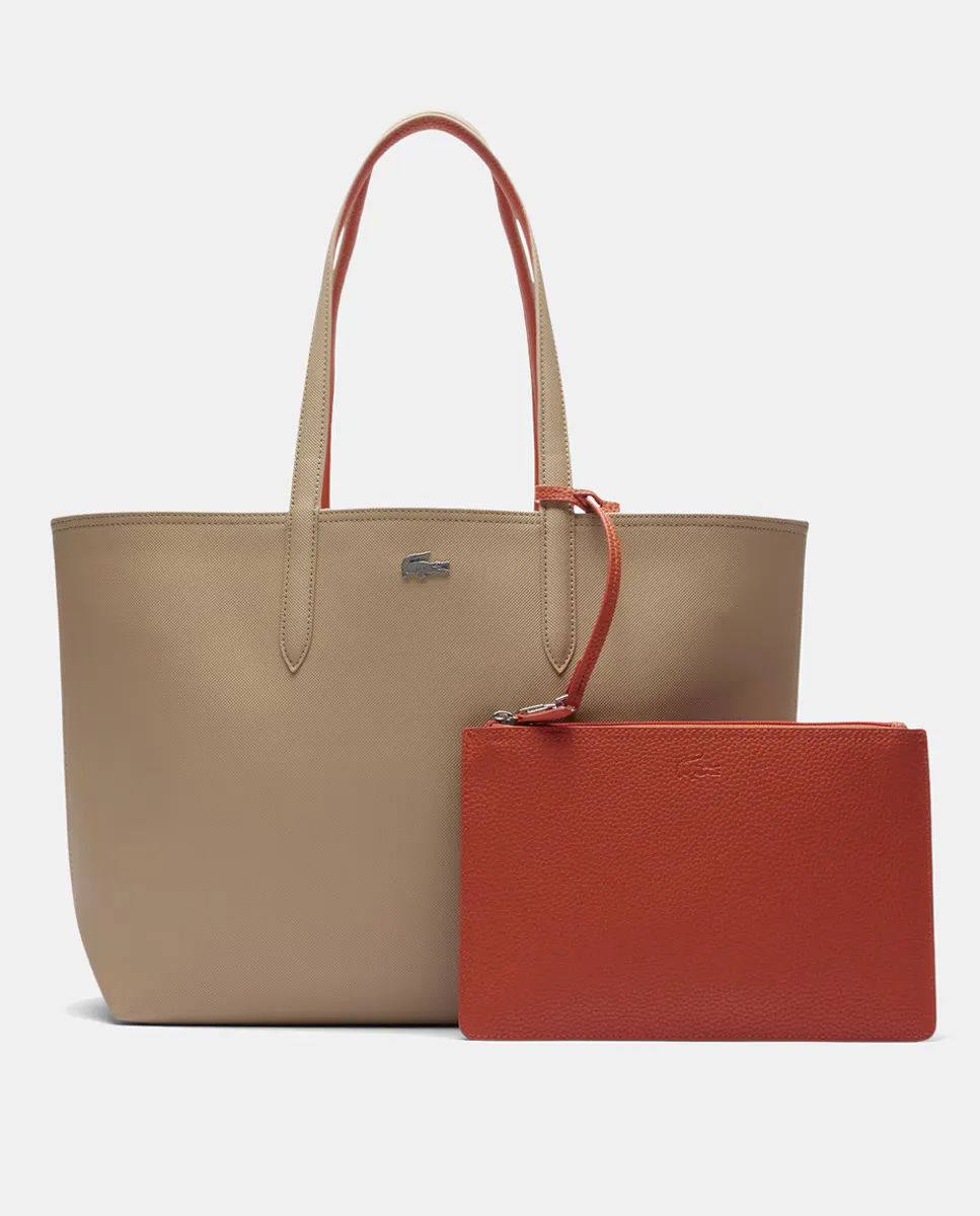 

Двусторонняя сумка-шоппер коричневого цвета с металлическим логотипом Lacoste, бежевый