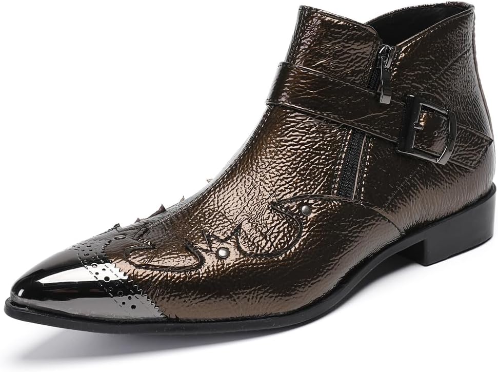 

Мужские ботинки-ковбойки Dacnakby до щиколотки, повседневные челси, ручной работы из натуральной кожи, с металлическим острым носком, молнией и пряжкой, для выпускного, свадьбы, вечеринки, диско, для певцов, в западном стиле, коричневый