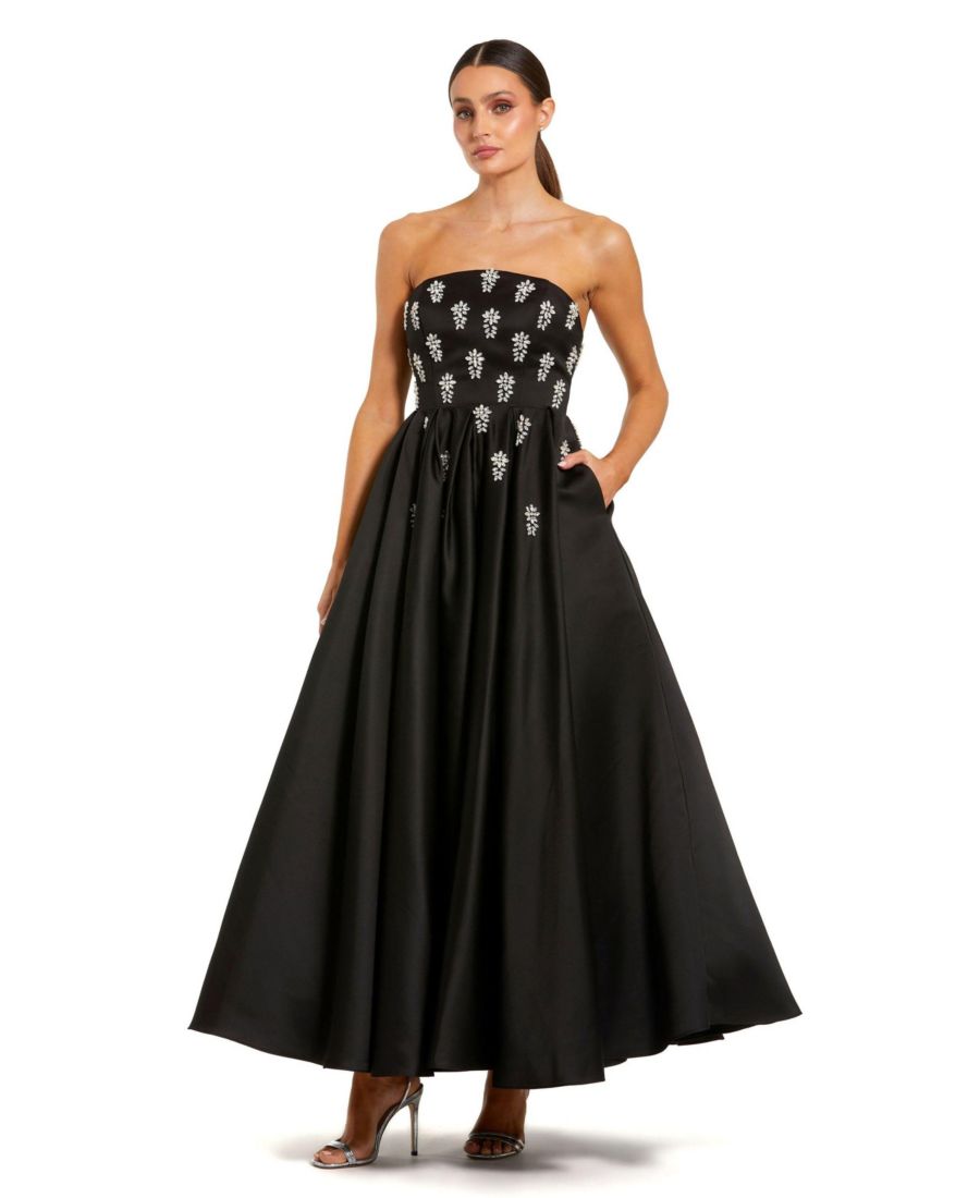 

Женское атласное платье А-силуэта без бретелей, украшенное кристаллами Mac Duggal, Black