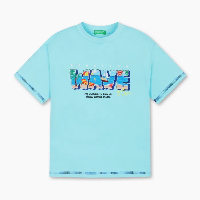 Детская футболка с тропическими волнами, светло-голубая, от Benetton Kids