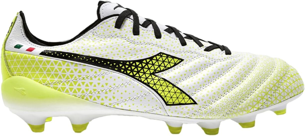 

Футбольные бутсы Diadora Brasil Elite Tech GR ITA LPX для мужчин, жесткое покрытие - Сделано в Италии, ультра-мягкая премиальная кожа, современный дизайн Calcio, съемная стелька, белый/черный/желтый