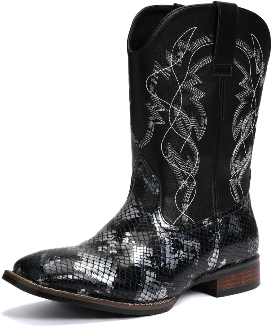 

Мужские ковбойские ботинки Hawecobo с квадратным носком из искусственной зминой кожи и вышивкой в юго-западном стиле, ботинки из телячьей кожи с антискользящей подошвой и узором под питона, черный