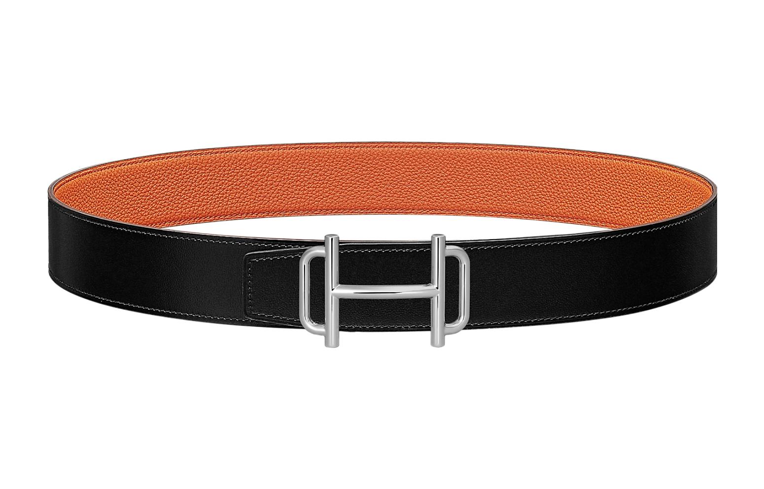 

HERMES Кожаный ремень Royal Cow для мужчин черно-оранжевый шириной 3,8 см, Black/Orange