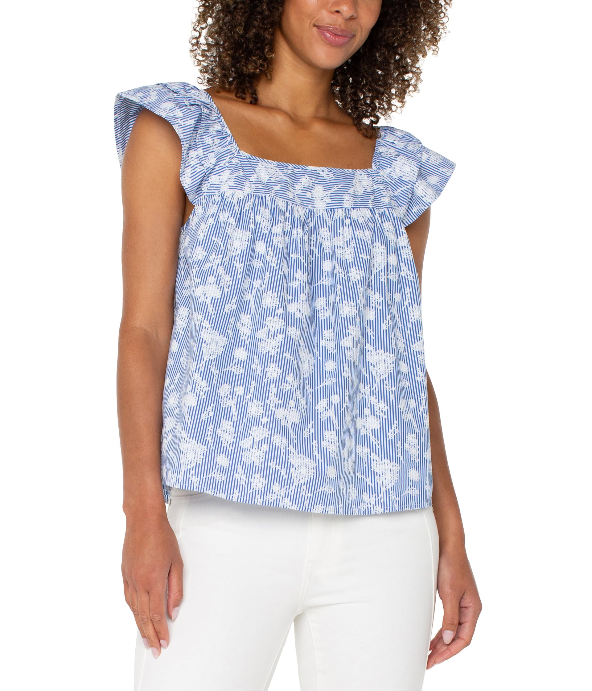 

Блуза Liverpool Los Angeles Short Sleeve Square Neck Woven Blouse, Blue White Floral Stripe
