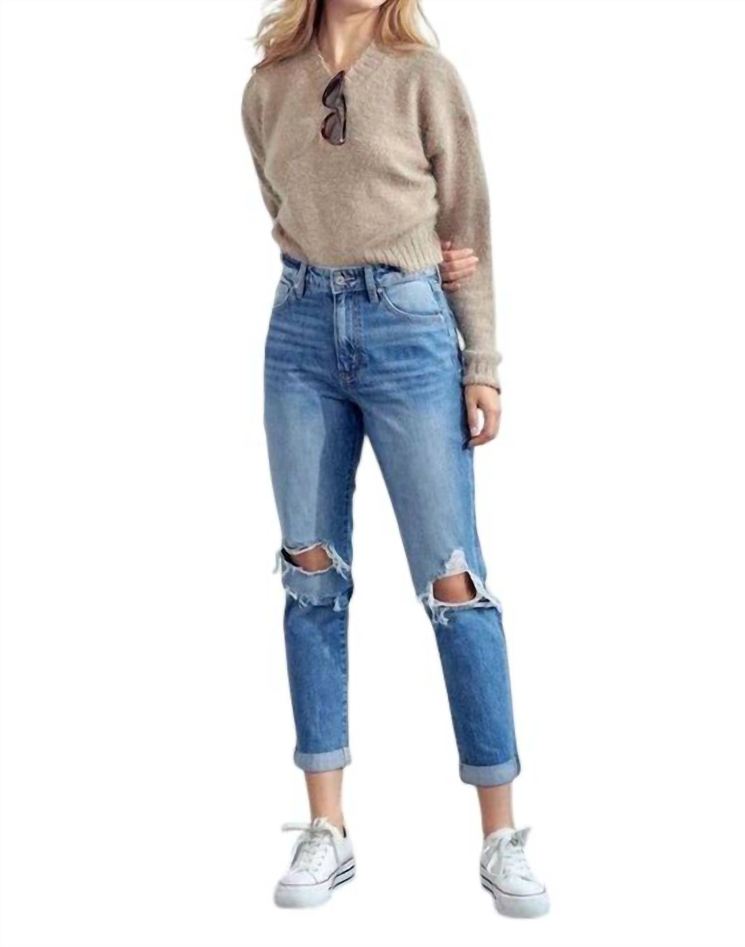 

Джинсы Mom с порванными коленями средней потертости KanCan, цвет medium wash