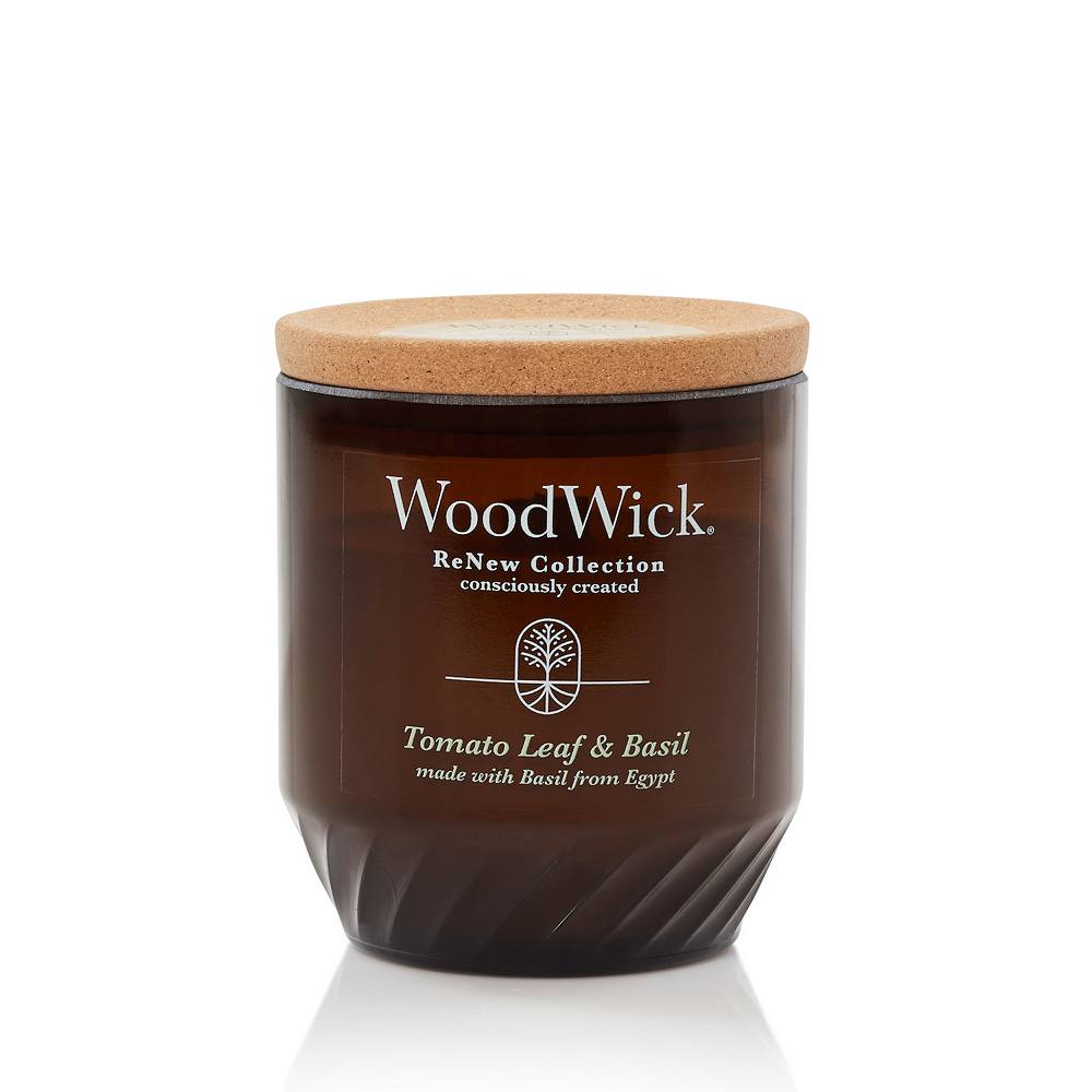 

Свеча WoodWick ReNew с листьями томата и базиликом в средней банке, белый