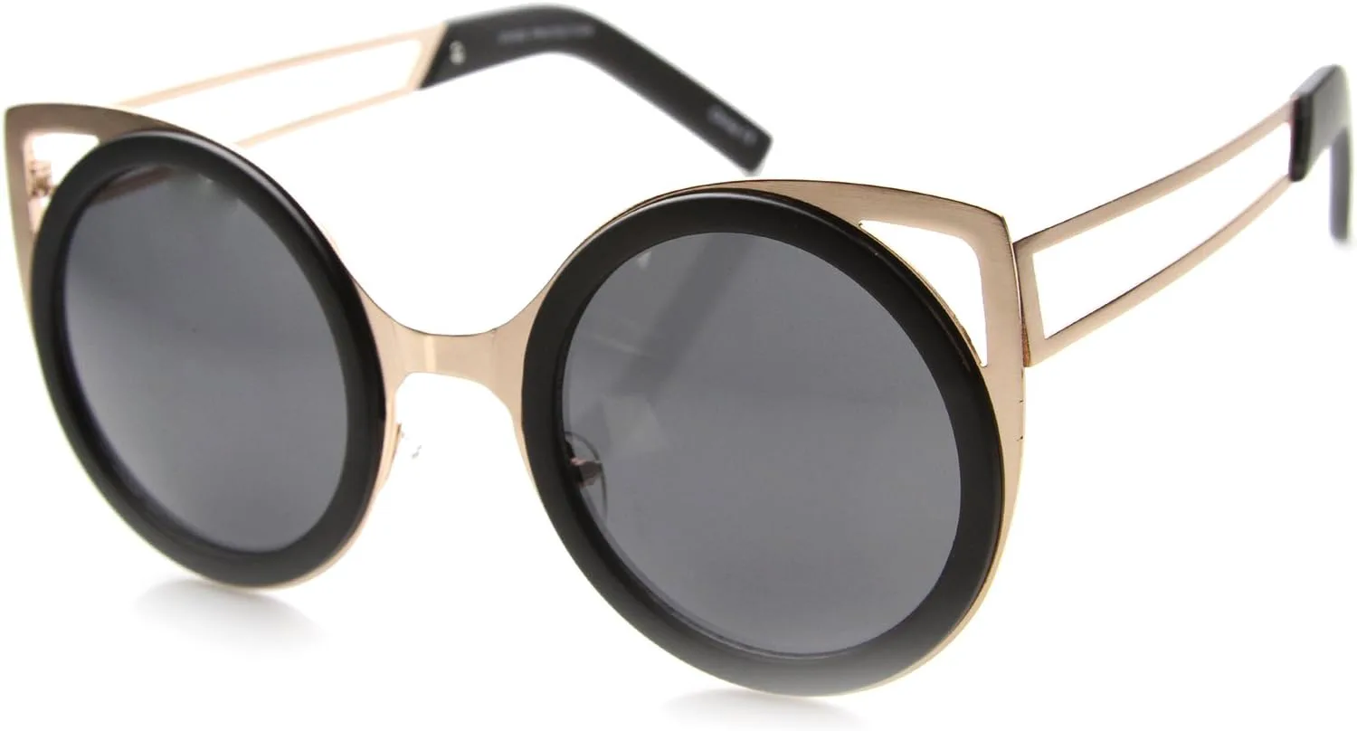 

Солнцезащитные очки zeroUV в футуристическом стиле с массивной оправой и металлическими вставками, круглые, в форме «кошачьего глаза», 50 мм, Black-gold / Smoke