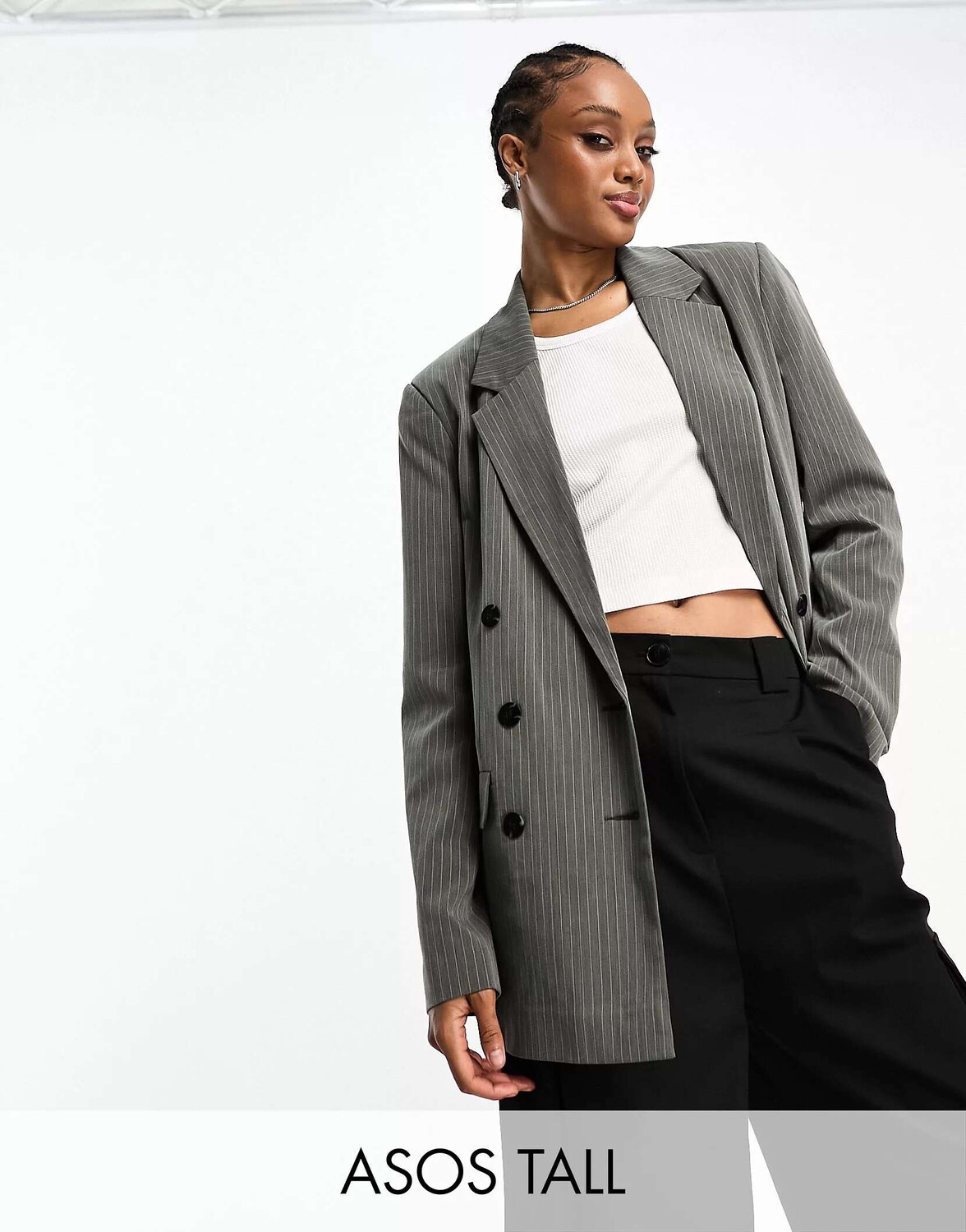 

Серый двубортный пиджак в тонкую полоску ASOS Tall