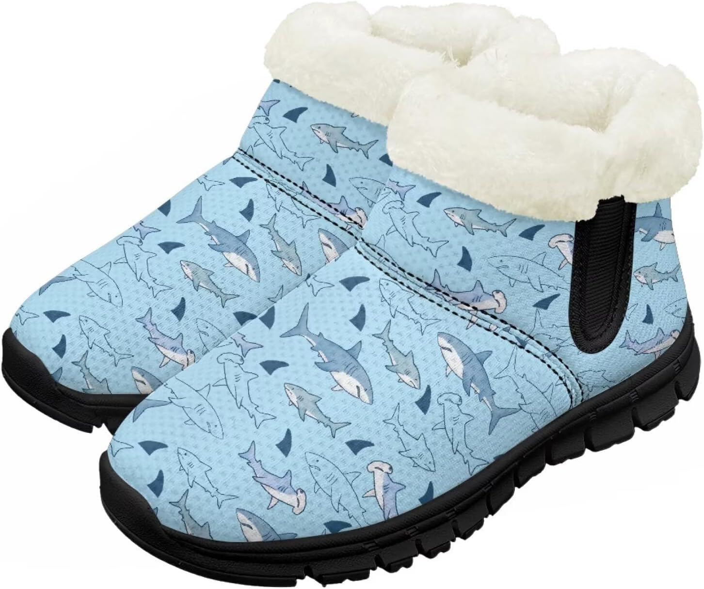 

Детские зимние ботинки Chririnla для мальчиков и девочек, утепленные высокие кеды «босиком» с противоскользящей подошвой и флисовой подкладкой, пушистые слипоны, Cute Shark Print
