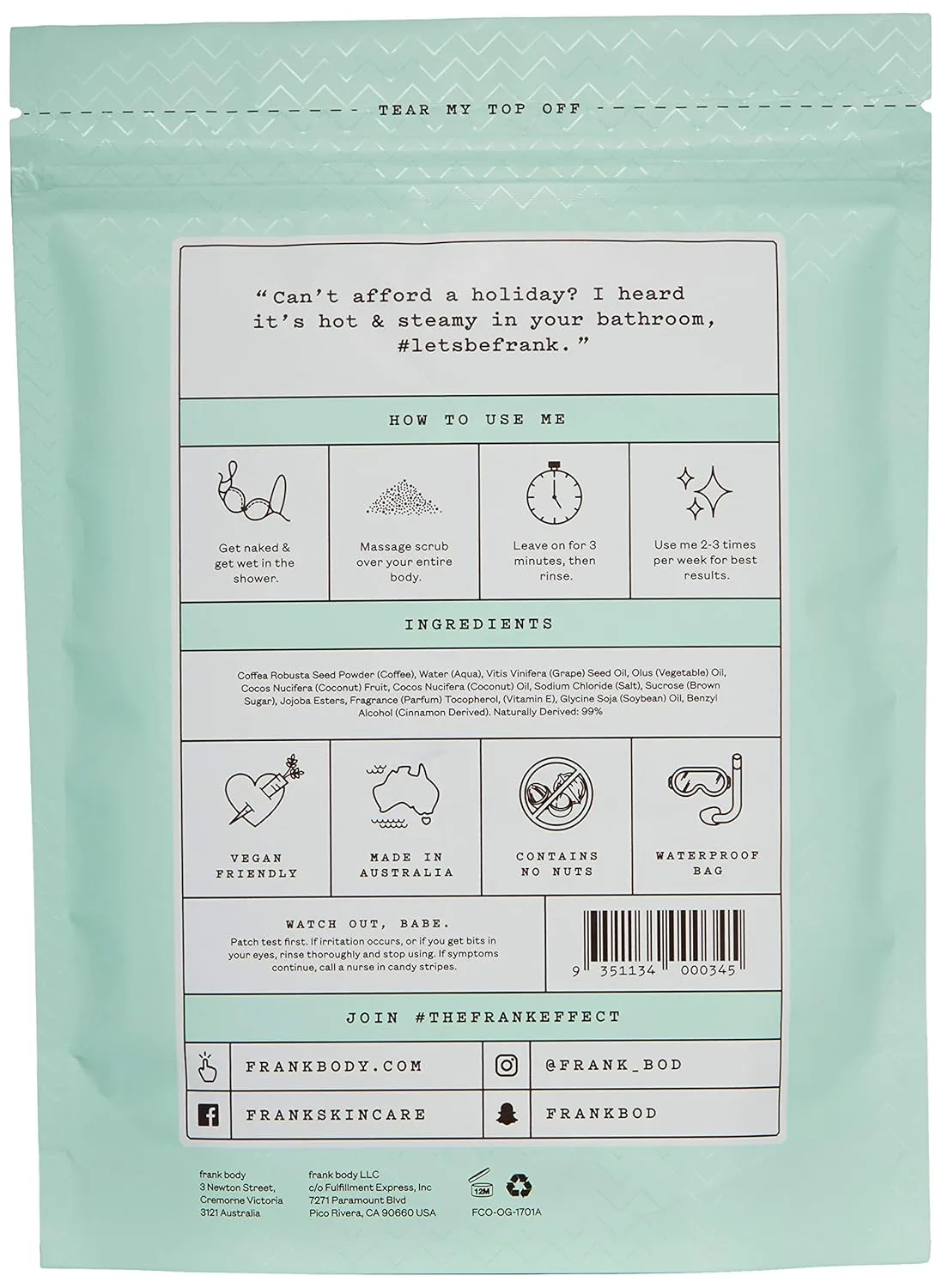 Frank Body скраб для тела с кокосом и кофе, натуральный и cruelty free, увлажняющий веганский скраб для ухода за кожей, от растяжек, акне и целлюлита, 1 шт, 200 г 198.45 г (1 шт.) — фото 2