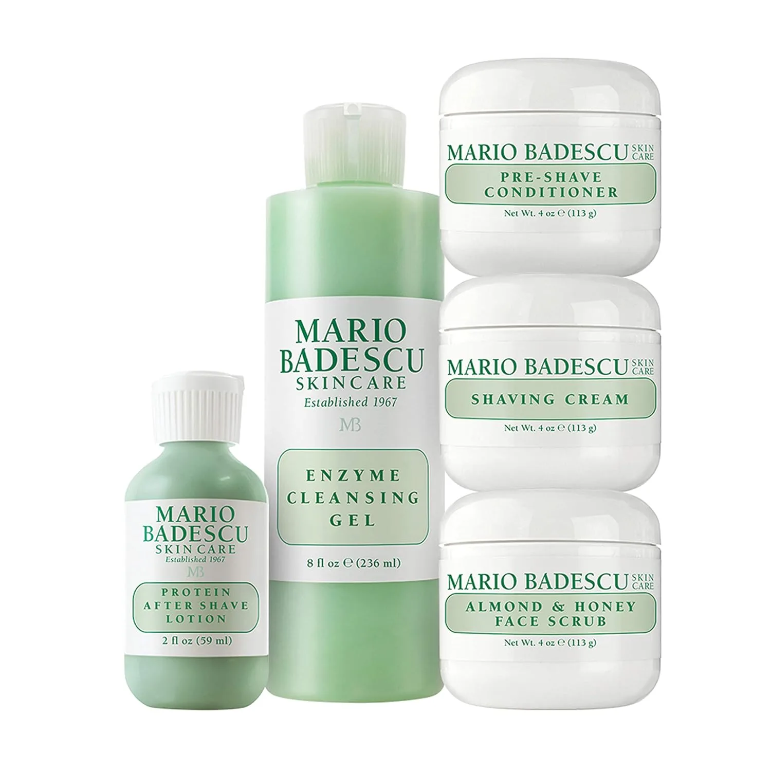 Mario Badescu мужской набор для ухода 5 предметов, подарок по уходу за кожей для мужчин, с предварительным кондиционером для бритья, кремом для бритья, скрабом для лица с миндалем и медом, лосьоном после бритья и энзимным очищающим гелем