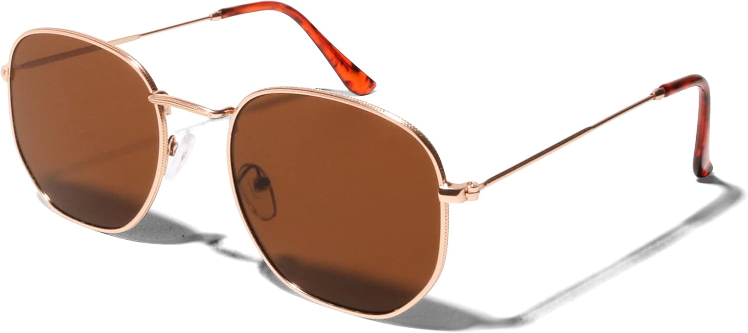 

Солнцезащитные очки ShadyVEU Slim Thin 70s с круглой шестиугольной металлической оправой и защитой от УФ-излучения UV400 — модные и стильные очки для мужчин и женщин, Gold Frame / Brown Lens