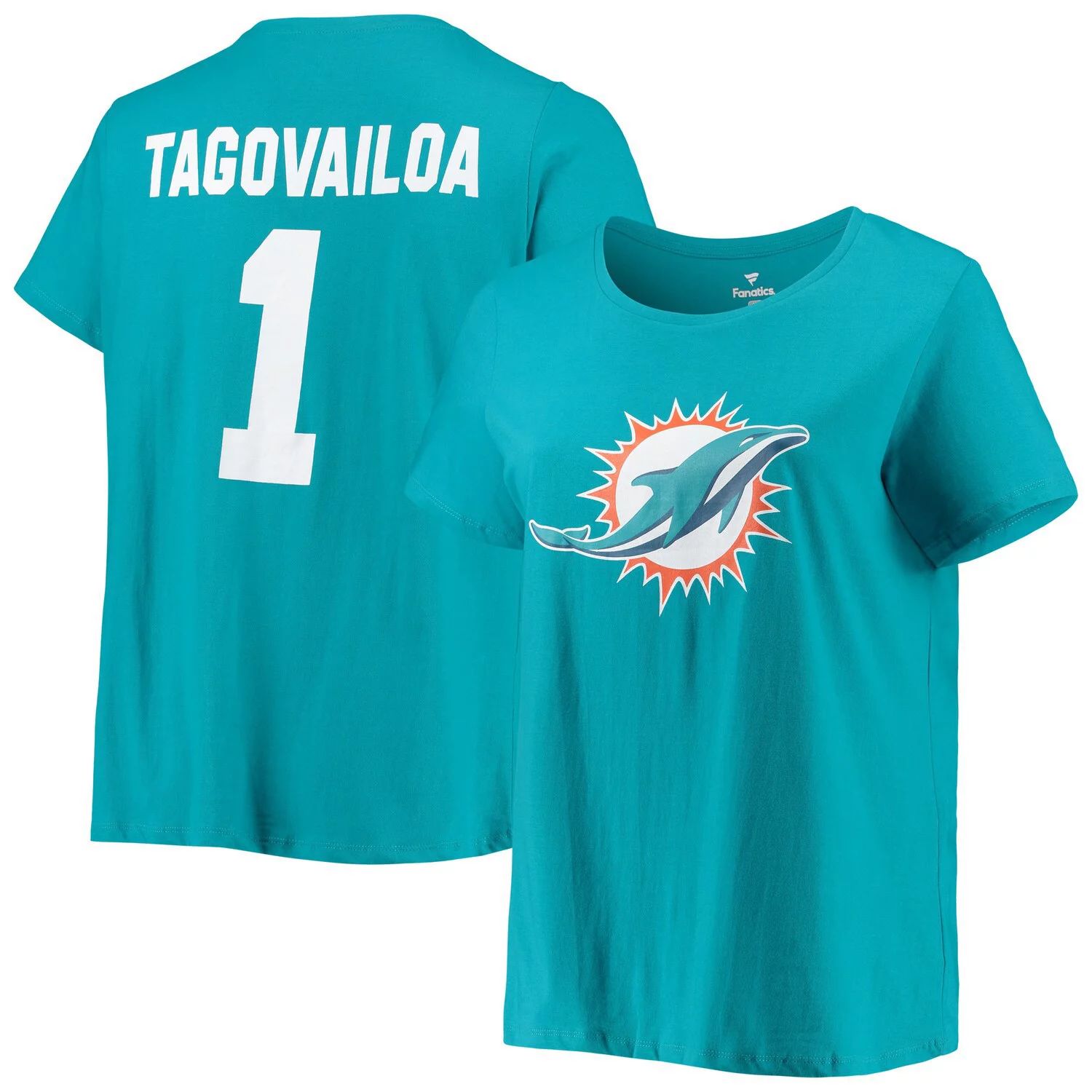 

Женская футболка Fanatics с фирменным логотипом Tua Tagovailoa Aqua Miami Dolphins размера плюс с именем и номером Fanatics