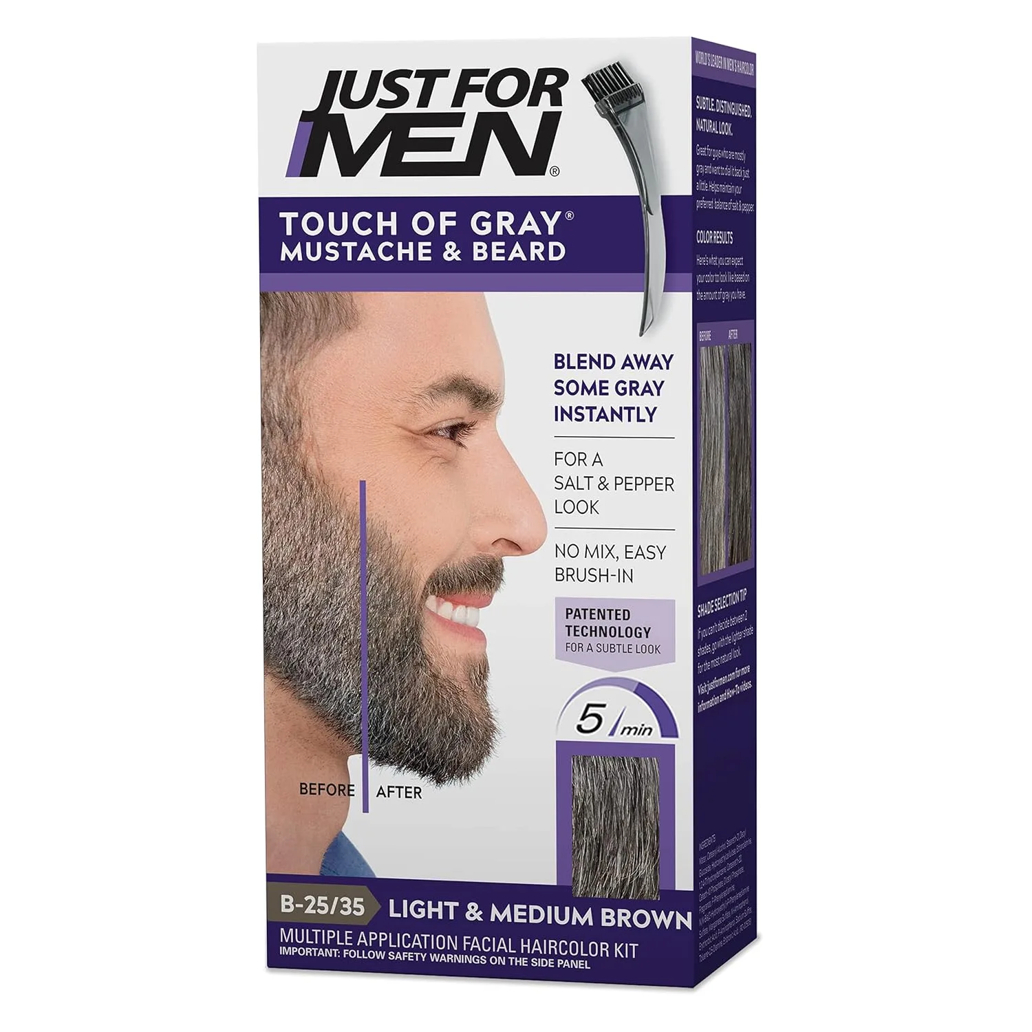 Just For Men Touch of Gray для усов и бороды, окрашивание седины с кисточкой для легкого нанесения, эффект соли с перцем - Light & Medium Brown, B-25/35, 1 шт 1 штука (1 шт.), Light-Medium Brown