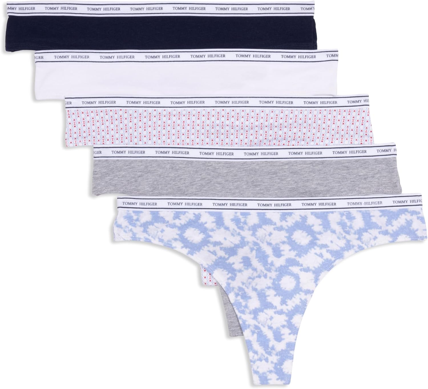 

Женские классические хлопковые стринги Tommy Hilfiger с логотипом на поясе, упаковка 5 пар, Round Tie Dye Brunerra Blue/Heather Grey/Th Stacked Geo Bright White/Bright White/Navy Blazer
