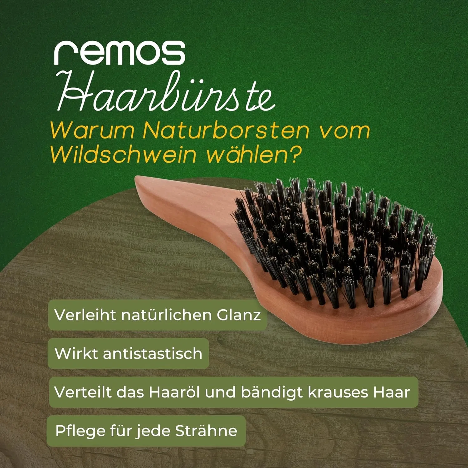 Щетка для волос remos из грушевого дерева с натуральной щетиной кабана Remos Professional Body Care, Brown — фото 2