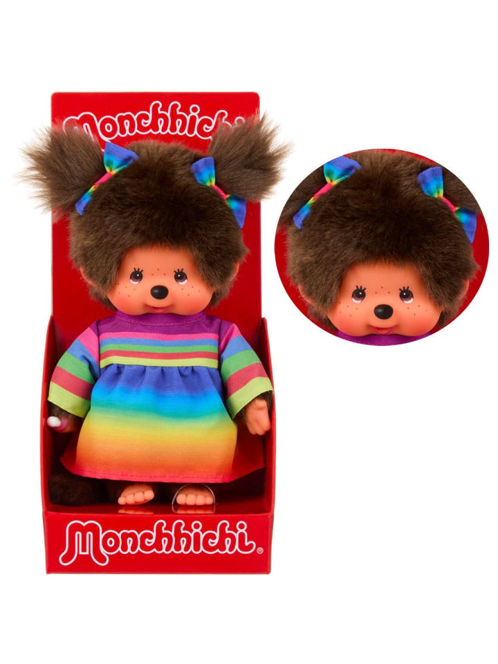 

Девочка в радужном платье | Кукла Monchhichi 20 см | две косички