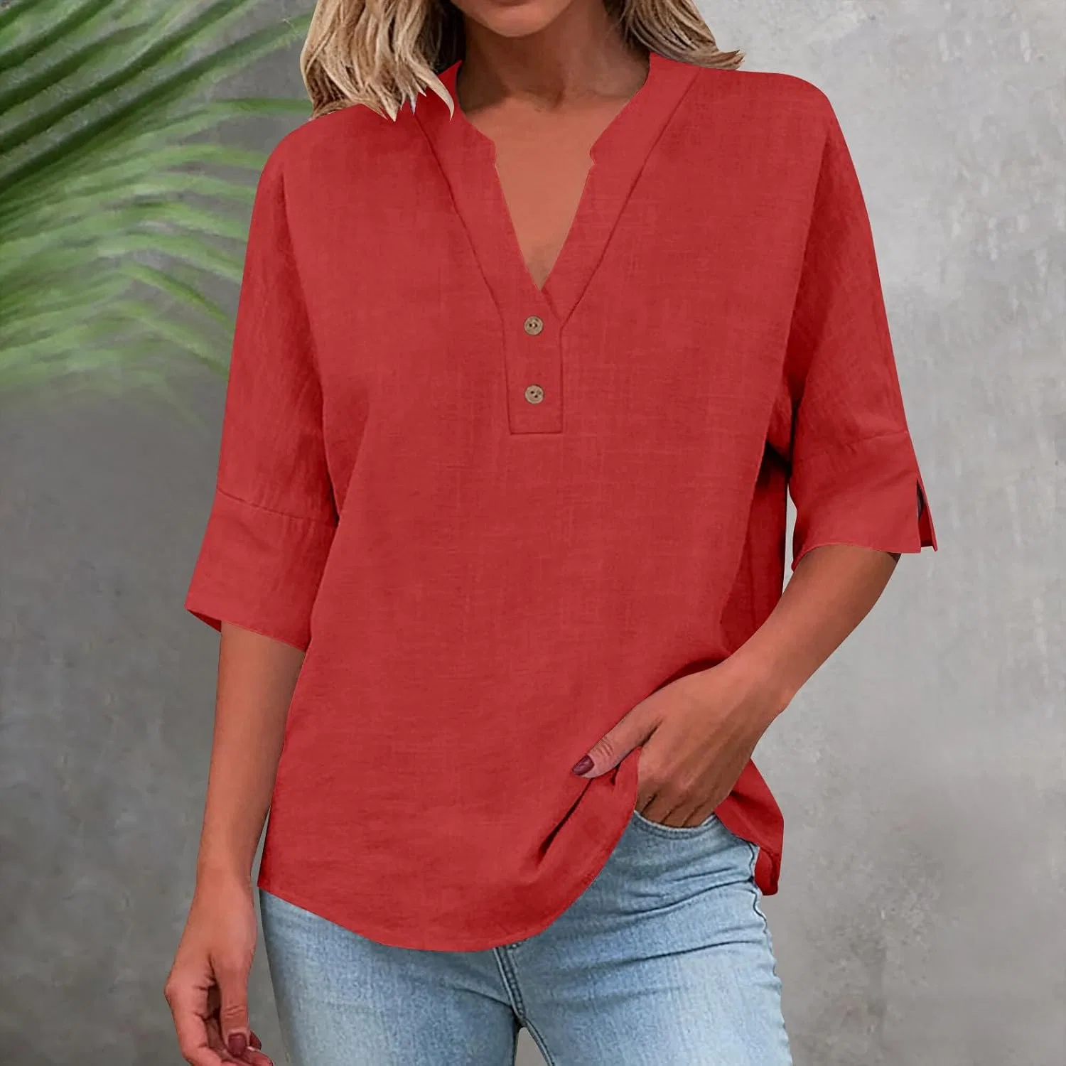 Женская блуза с V-образным вырезом, Cotton Linen, красный — фото 2