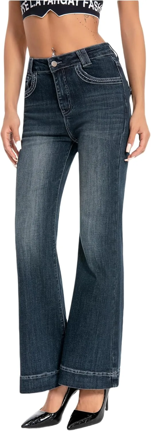 

Женские джинсы с высокой талией и расклешенным низом, темно-синий деним, в стиле 70-х